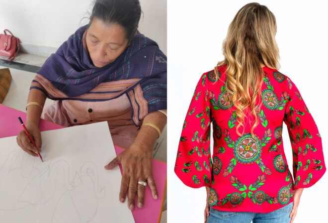 To the left, a person working on a design drawing. To the right, a person wearing the design on a shirt.