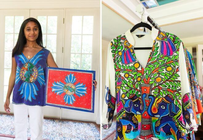 To the left, a person in a sustainable silk shirt posing next to a picture of the shirt design. To the right, a shirt on a hanger.