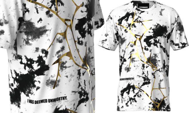 Two views of a black, white and gold shirt.