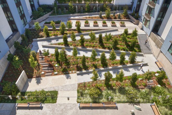 A courtyard with a zig zag pathway