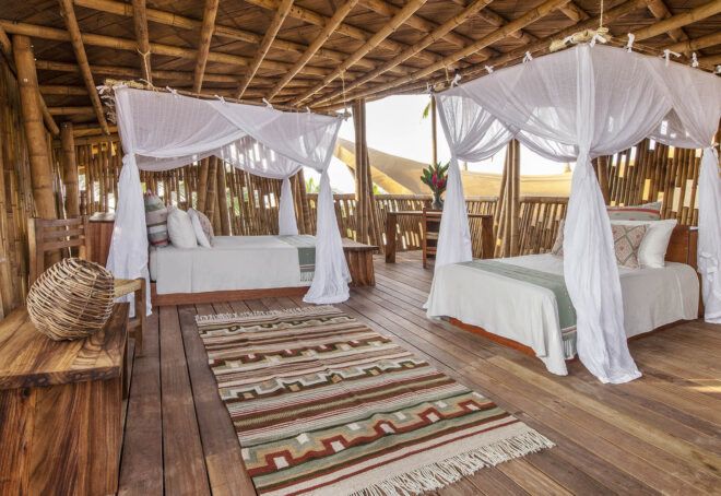 Two white beds with flowy curtains.