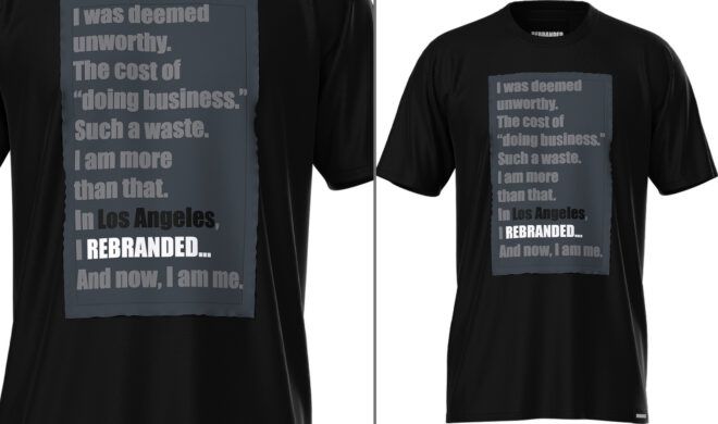 Two views of a black and gray shirt.