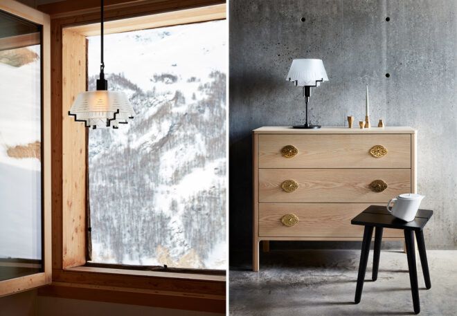 Left, a side table with teapot next to a set of drawers with a lamp on top. Right, a hanging pendant lamp.