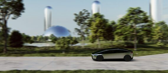 A black car zooming through a city landscape