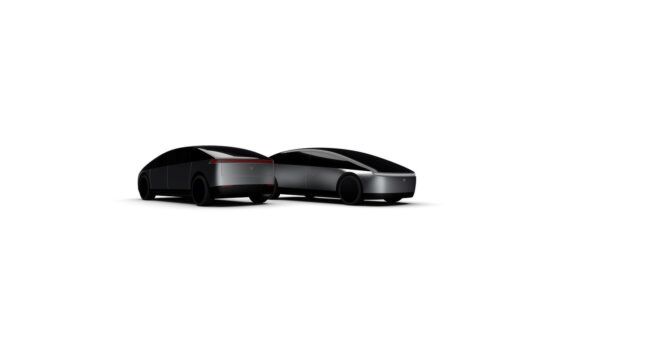 The back of two electric black cars in a white background