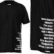 To the left, the front of a black shirt with white writing. To the right, a close up of the shirt's text.