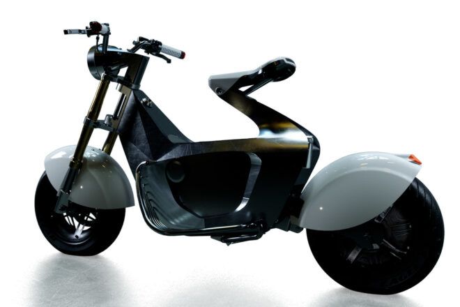 A metal scooter against a white background.
