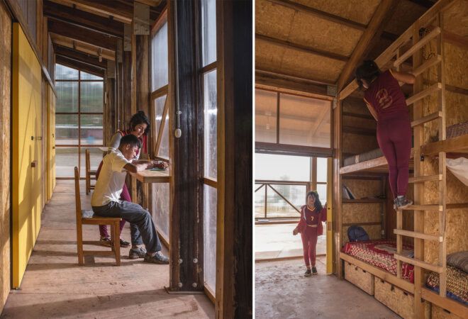 To the left, an image of two students working at a desk. To the right, a person standing next to bunkbeds.