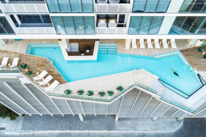 An aerial view of a pool.