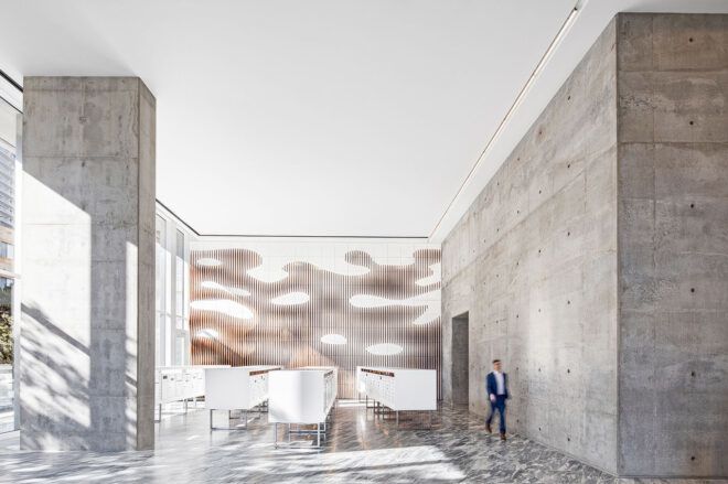 A neutral toned lobby area.