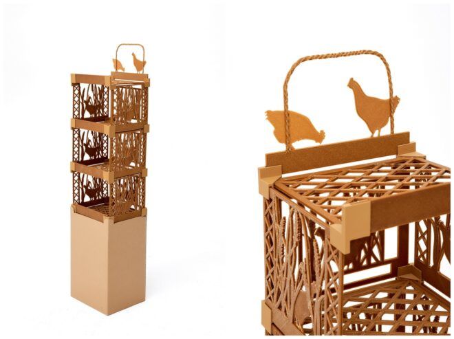 A wooden column food display case and an up-close detailing of the chicken cutouts on top