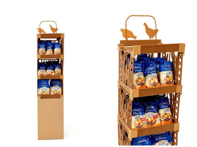 A 3D printed stand column filled with pasta in three rows and an up-close image of the top shows details of chicken cutouts