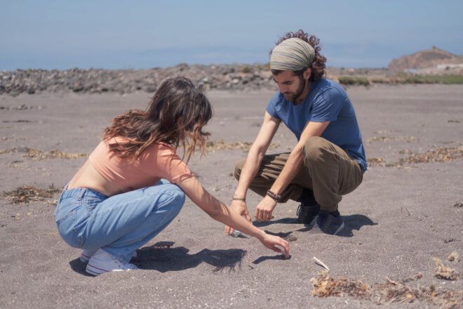 Two people cleaning up the beach.
