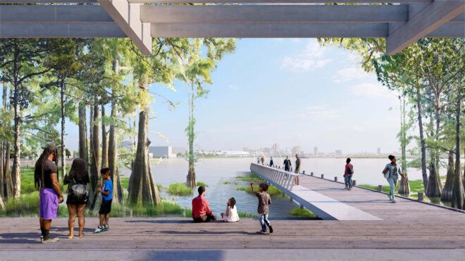 A pier area where people are resting along the side of the walkway