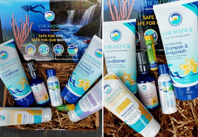 A box of reef-safe sunscreen products.