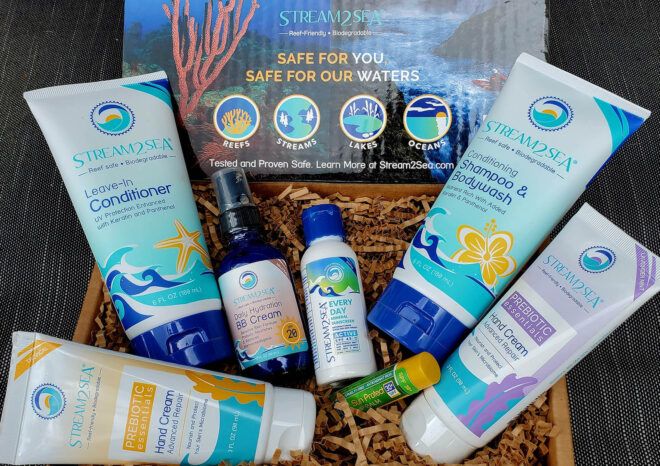 A box of reef-safe sunscreen products.