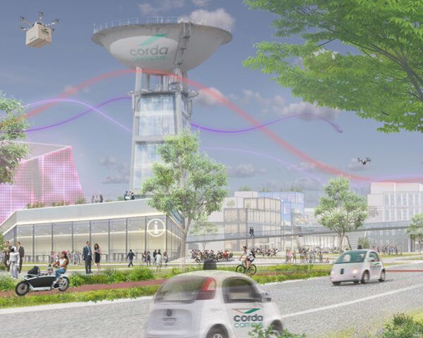 A rendering of the street in front of the campus.