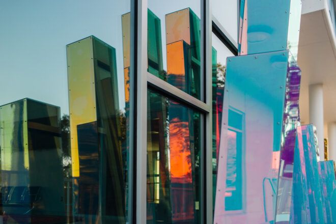 A window reflecting skyscrapers