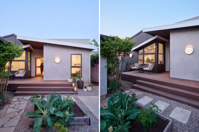 Two images showing a garden outside the home by the kitchen.