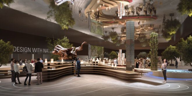 An auditorium area features a wooden display case with items on top of it