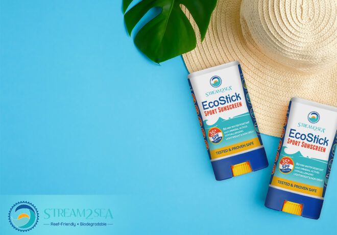 A reef-safe sunscreen against a blue background.
