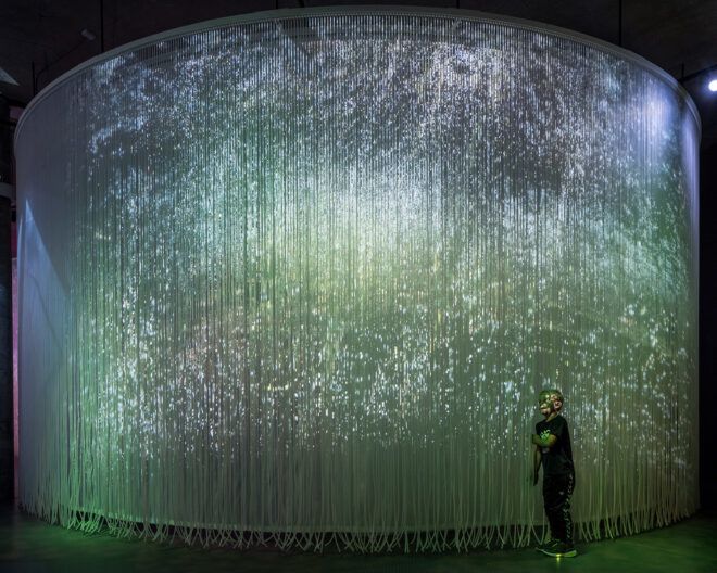 A person stands in front of a large projection screen featuring colors of green, grey, blue and yellow