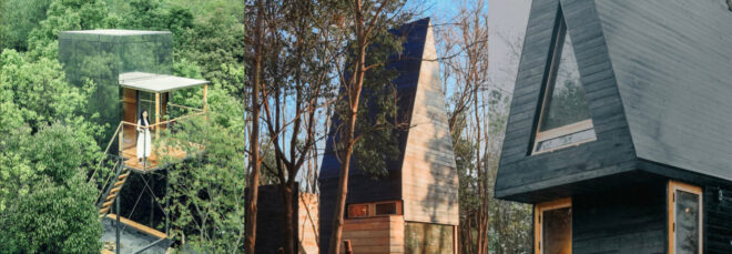 A triptych of images of buildings in the woods
