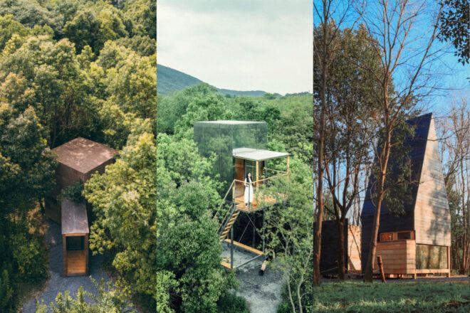 A triptych of images of buildings in the woods
