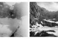 Two black and white photos left to right: A valley full of ice, a canyon area with its rocks covered in snow