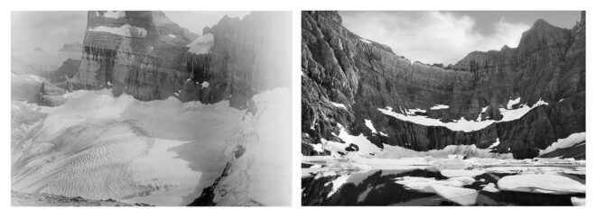 Two black and white photos left to right: A valley full of ice, a canyon area with its rocks covered in snow