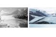Two photos left to right: A black and white photo of a river between mountains and an area covered in light blue snow and glacial