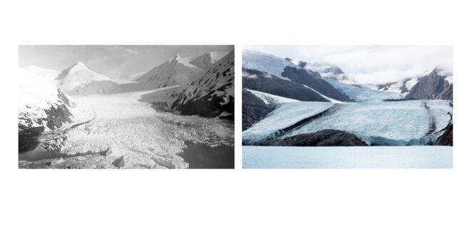 Two photos left to right: A black and white photo of a river between mountains and an area covered in light blue snow and glacial