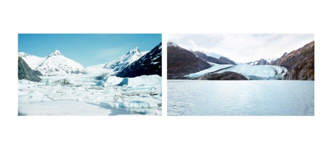 Two photos left to right: A view of a pool of glacial melt, an area covered in snow