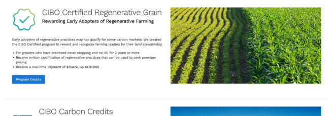 A page with a photography of rows of agriculture and titled Regenerative Grain