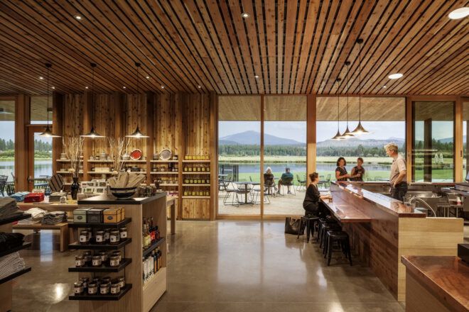 A restaurant with a wood ceiling and design