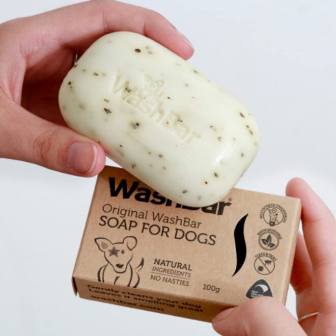 A hand holding a bar of soap and the cardboard WashBar packaging with the other hand