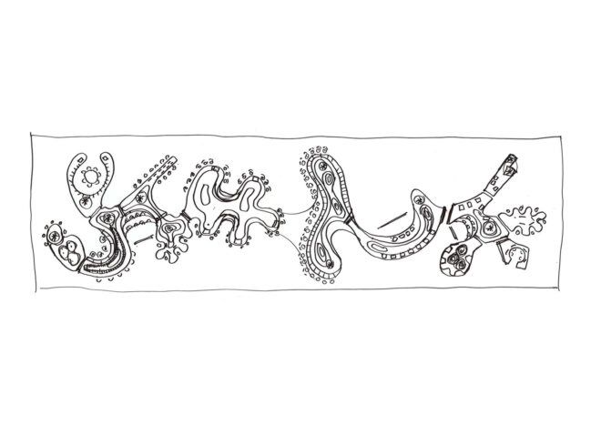 A hand-drawn sketch of the Design with Nature project looks like a large squiggly across the entire page