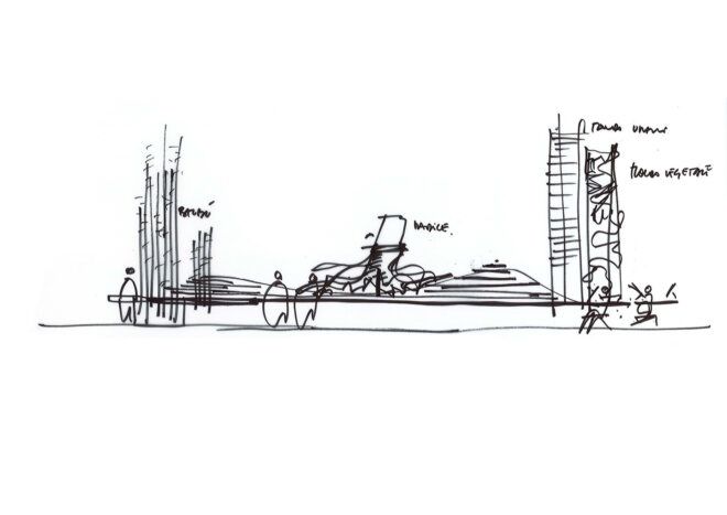 A hand-drawn sketch featuring two tall figures with a humpty area in the middle of the two