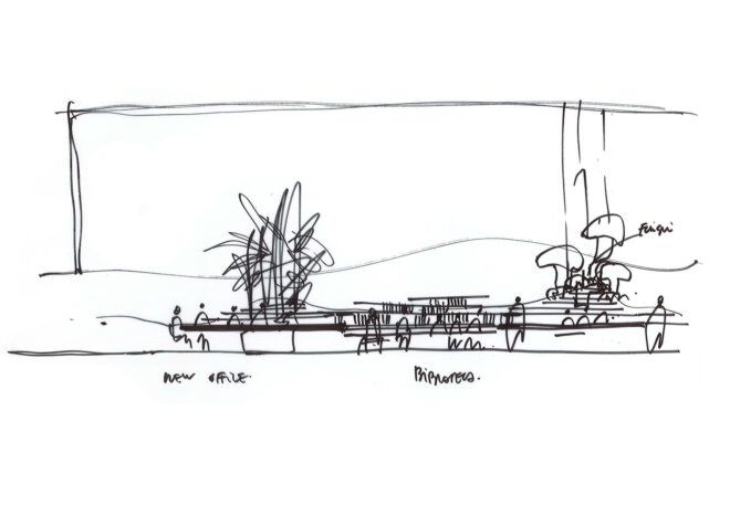 A sketch drawn in black ink featuring a tree, a display area with a line over it