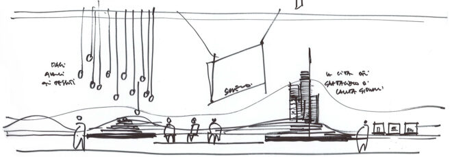 A sketch drawing of people sitting down viewing a monitor with stuff hanging down from the ceiling