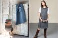 Left to right: A dark blue dress hanging from a doorway with a stack of books to the left of it. A woman wearing a grey dress with a white t-shirt underneath and brown calf-length boots