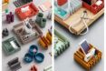 Left to right: A far layout of different desk accessories and an up-close photo of an accessory holding an iPhone