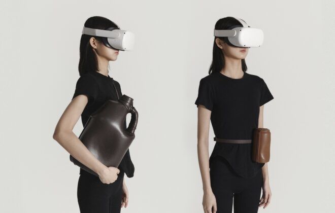Two photos from left to right: A person standing on their side with a white VR system covering their eyes and holds what looks like a brown gallon jug. The photo on the right the same person is facing forward still with the white VR system over their eyes and at their hip is tied a brown-shaped bottle