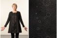 Left to right: A woman wearing a black long-sleeved dress with black legging. An up-close shot of the white circles embroidered on the black fabric