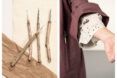 Left to right: Four pencils made to look like tree branches. The photo on the right is a persons arm showcasing a sleeve of the shirt is purposely stained and worn with a brown overcoat