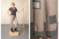 Left to right: A woman standing on a small wooden box holding a stick that is as tall as her wearing cargo pants and a dark green t-shirt. The second photo focuses on the details of the pants has square green patches on the knee and on the thigh of the other leg