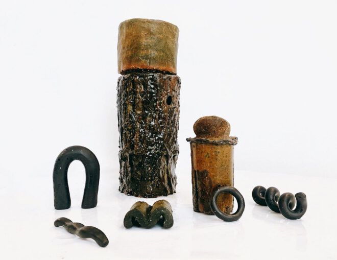 An imitation of a wooden stump with black squiggles around it