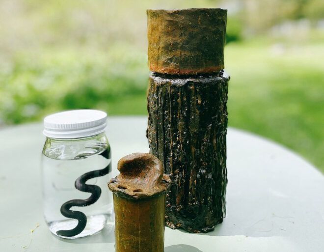 A glass jar with a black compostable squiggle inside sits on a table with a wooden object