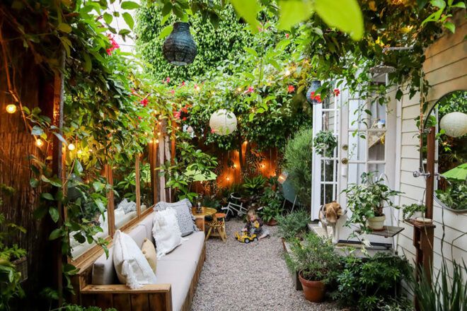 An outdoor garden area with a bench
