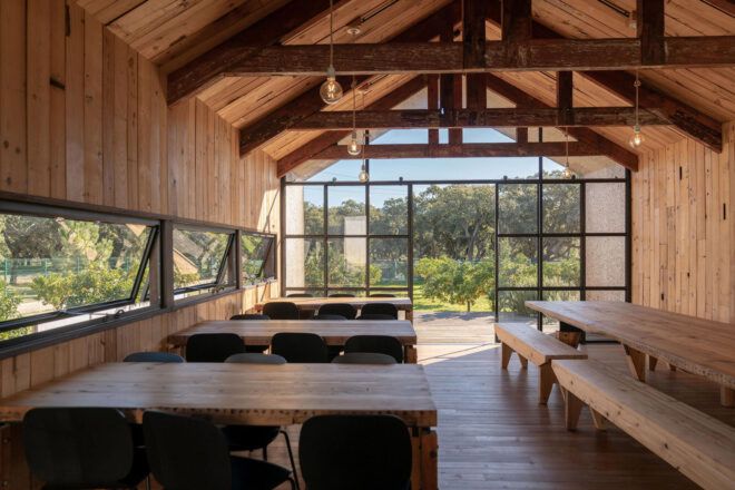 Interior eating and dining area leading from the glass front